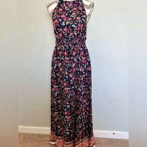 Navy Floral‎ Halter Maxi Dress w/ Open Back - Size Medium (New with Tags)
